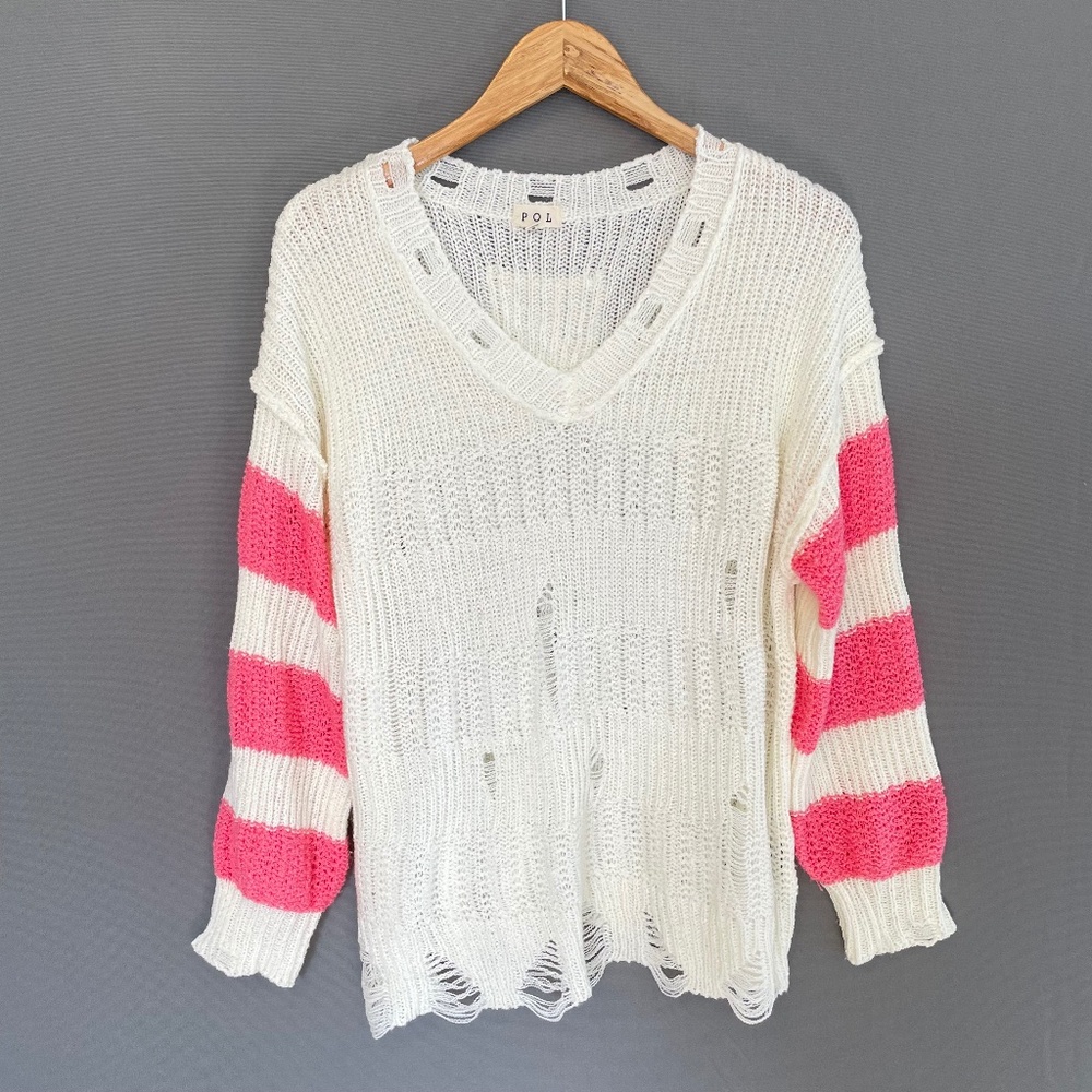 POL Women’s Medium Boutique Distressed Lightweight White Pink Sweater